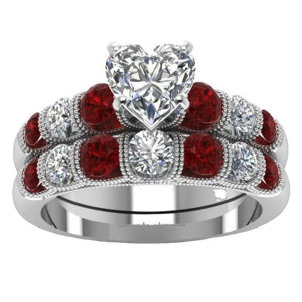 Ruby Red & Silver Set Ring With Heart Shaped Diamonds